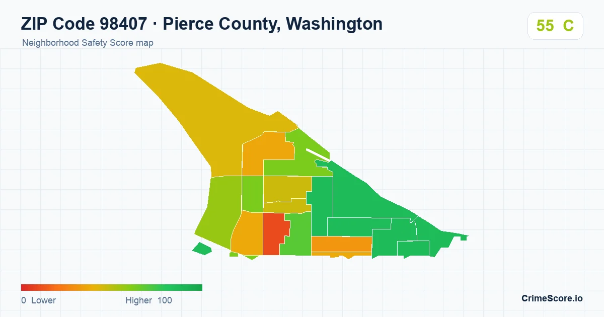 ZIP Code 98407 in Pierce County, Washington neighborhood Safety Score map