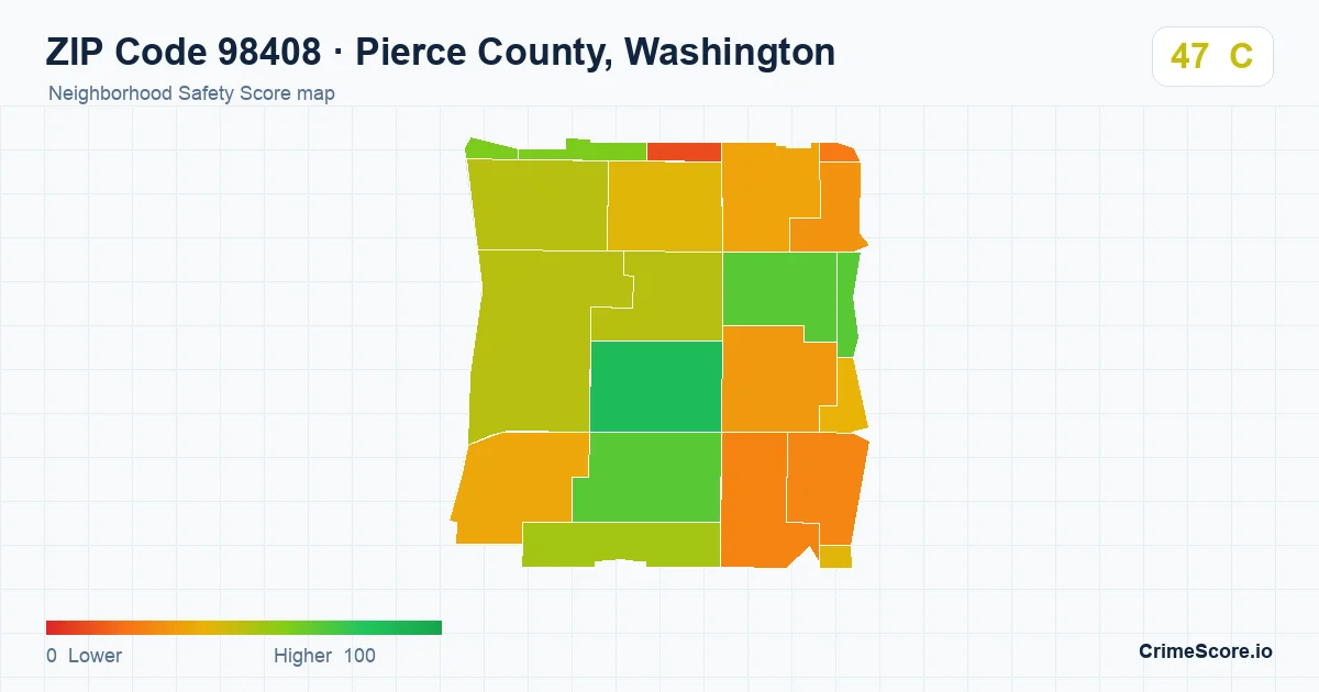 ZIP Code 98408 in Pierce County, Washington neighborhood Safety Score map