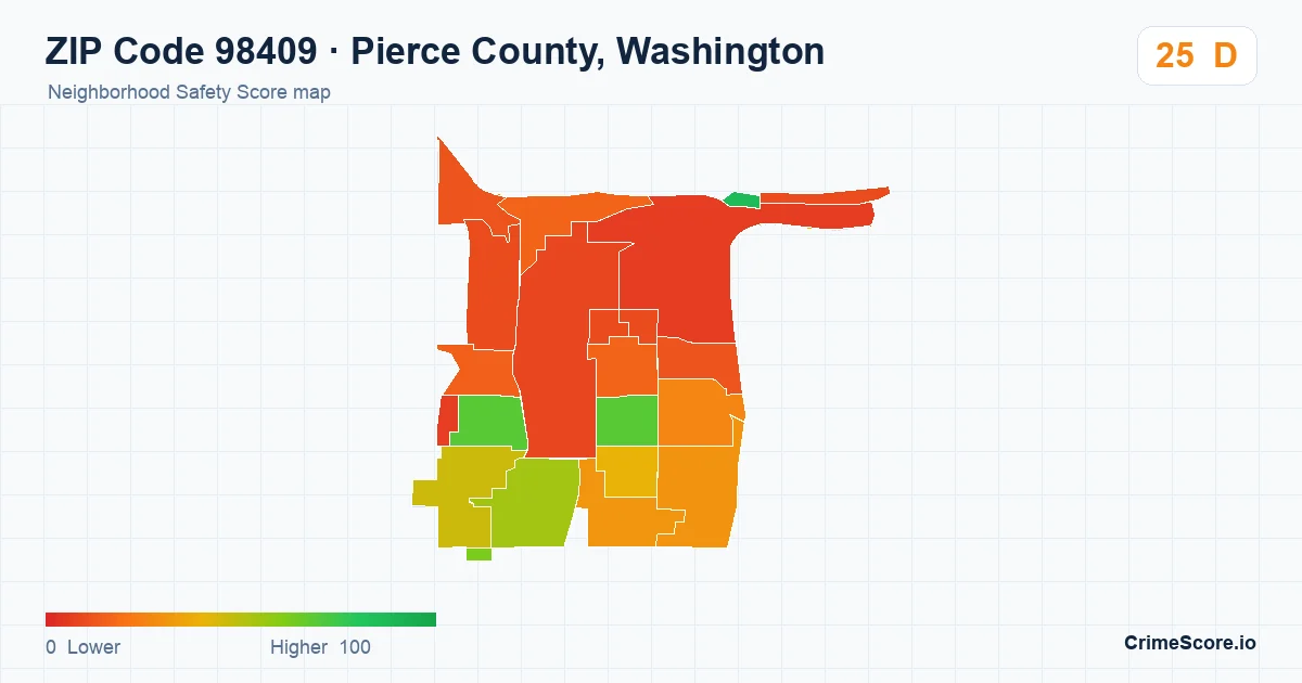 ZIP Code 98409 in Pierce County, Washington neighborhood Safety Score map
