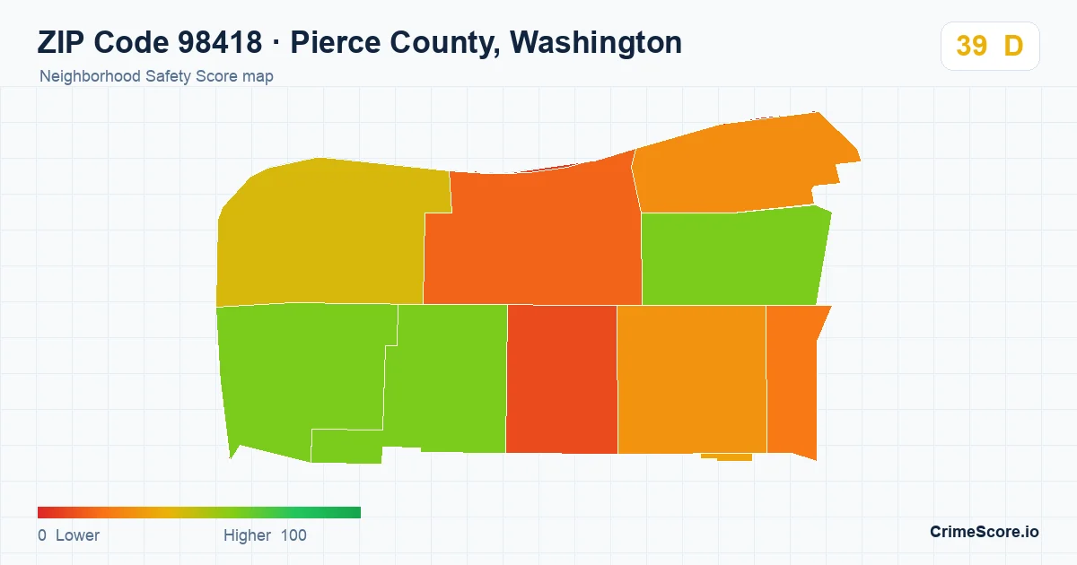 ZIP Code 98418 in Pierce County, Washington neighborhood Safety Score map