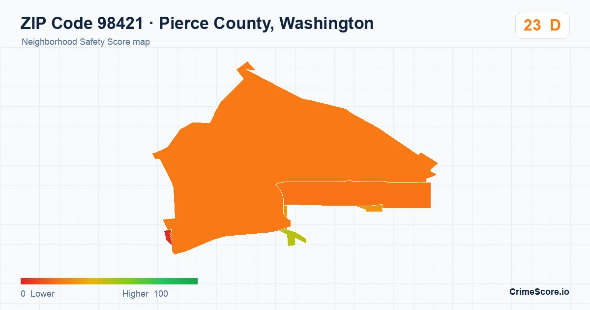 ZIP Code 98421 in Pierce County, Washington neighborhood Safety Score map