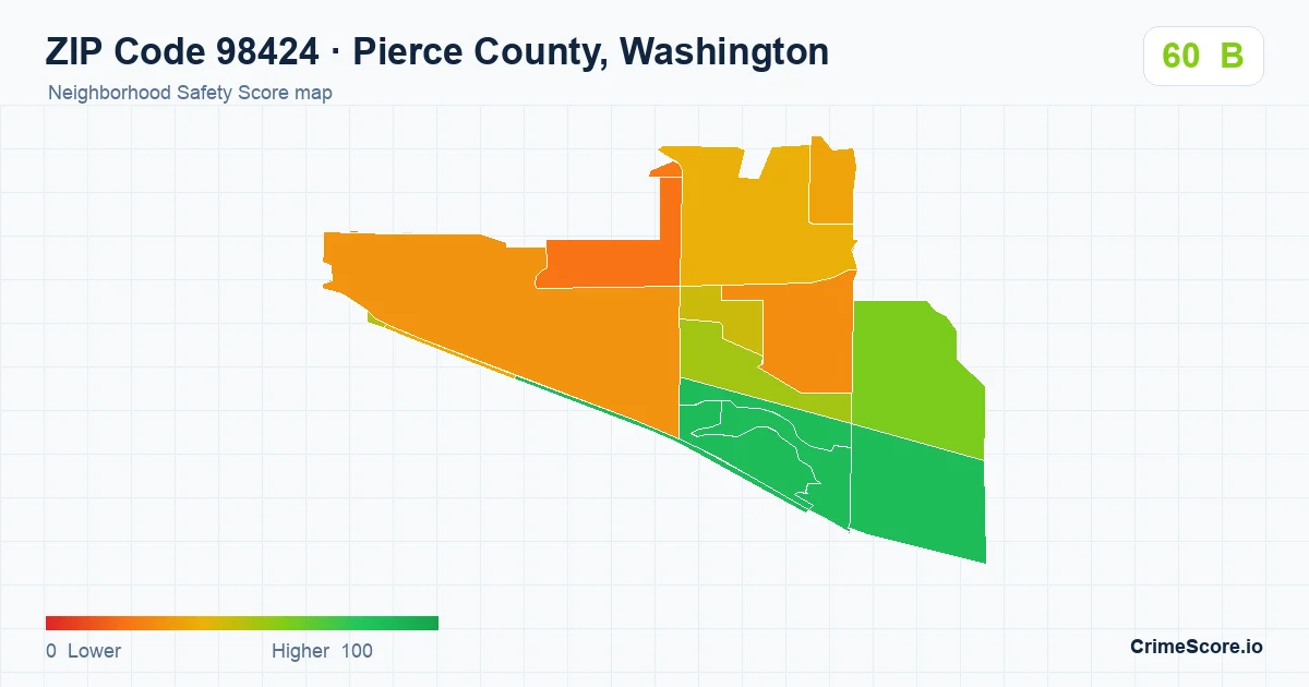 ZIP Code 98424 in Pierce County, Washington neighborhood Safety Score map