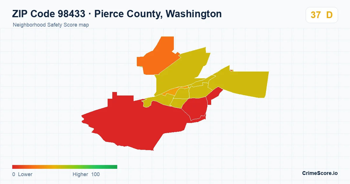 ZIP Code 98433 in Pierce County, Washington neighborhood Safety Score map