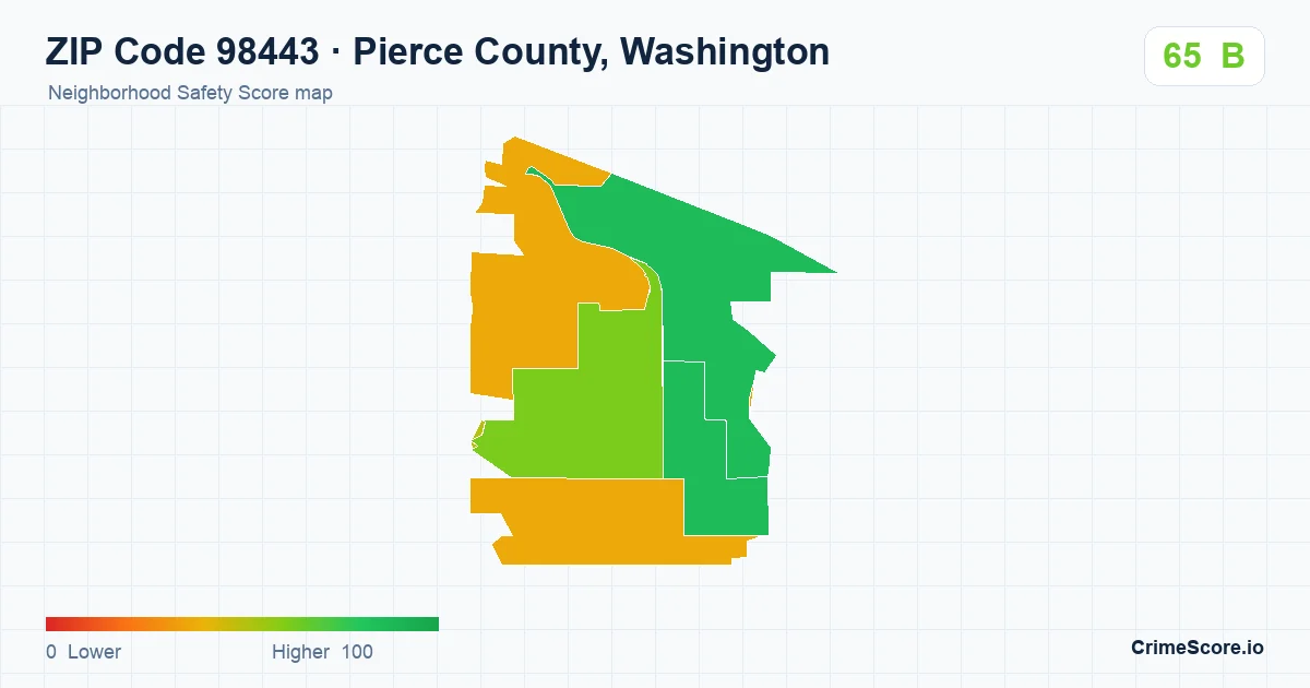 ZIP Code 98443 in Pierce County, Washington neighborhood Safety Score map