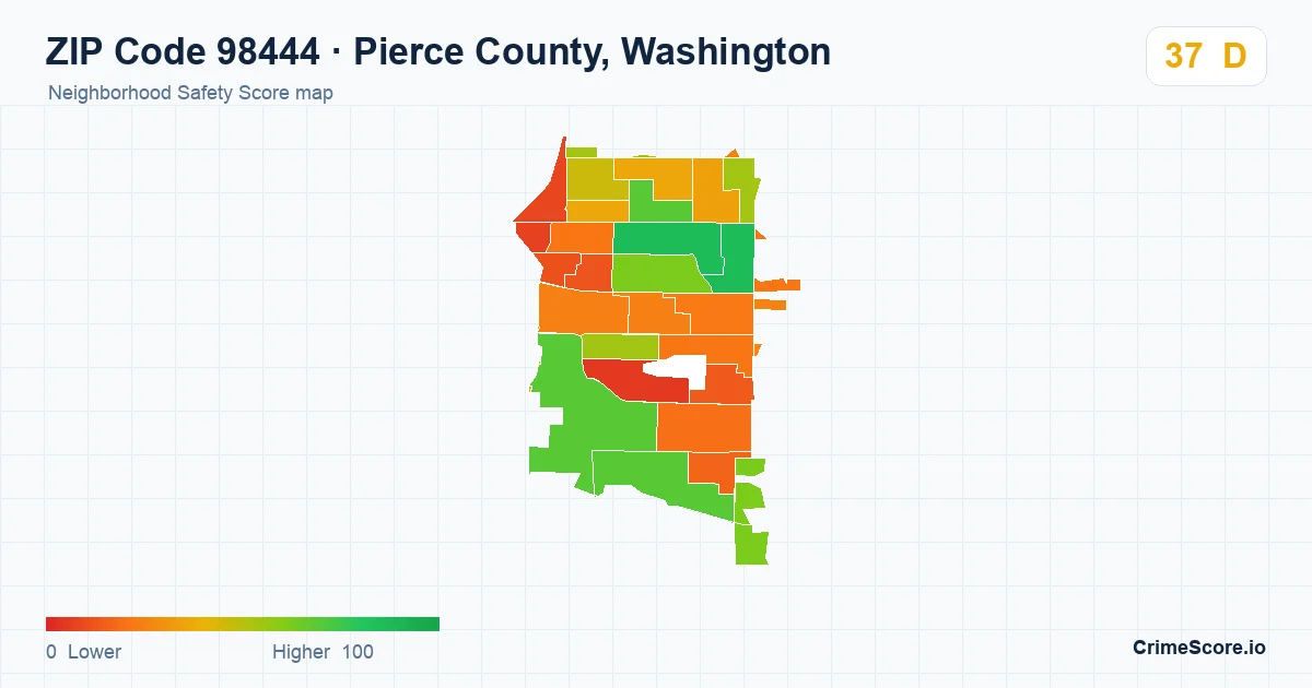 ZIP Code 98444 in Pierce County, Washington neighborhood Safety Score map