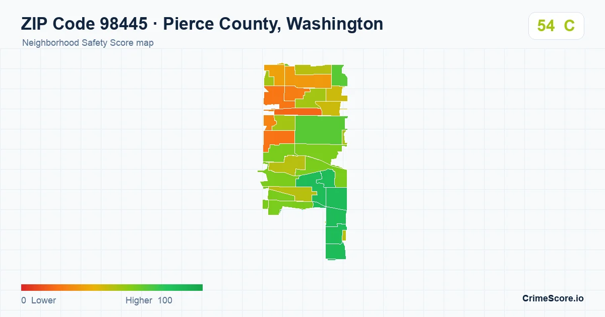 ZIP Code 98445 in Pierce County, Washington neighborhood Safety Score map