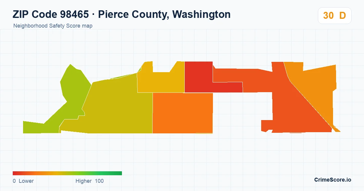 ZIP Code 98465 in Pierce County, Washington neighborhood Safety Score map