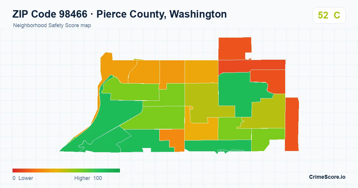 ZIP Code 98466 in Pierce County, Washington neighborhood Safety Score map