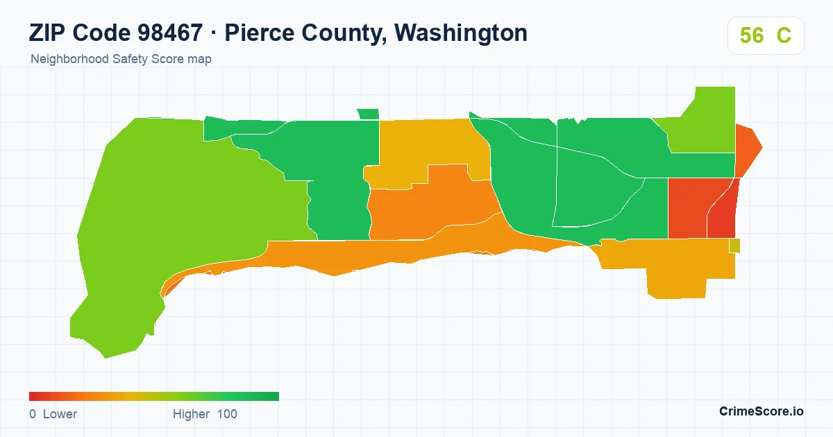 ZIP Code 98467 in Pierce County, Washington neighborhood Safety Score map