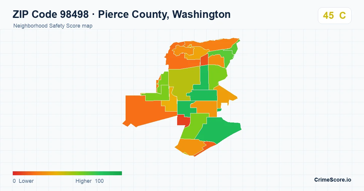 ZIP Code 98498 in Pierce County, Washington neighborhood Safety Score map