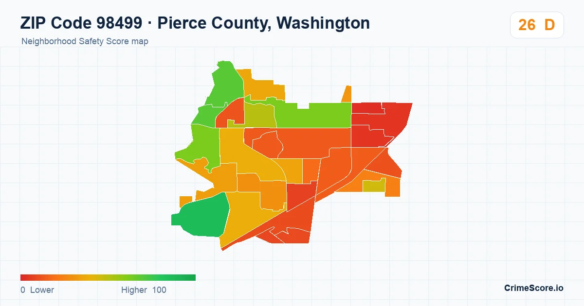 ZIP Code 98499 in Pierce County, Washington neighborhood Safety Score map