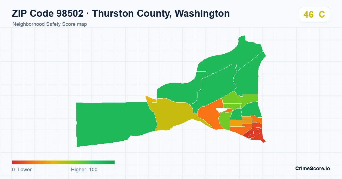 ZIP Code 98502 in Thurston County, Washington neighborhood Safety Score map