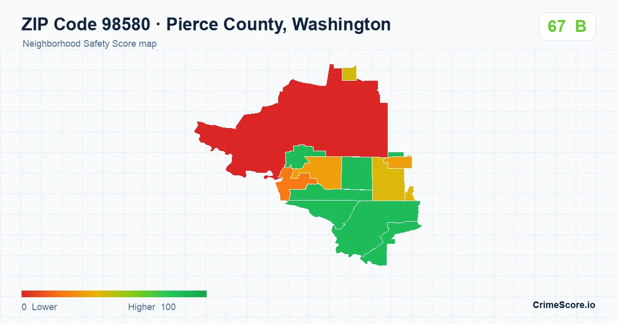 ZIP Code 98580 in Pierce County, Washington neighborhood Safety Score map