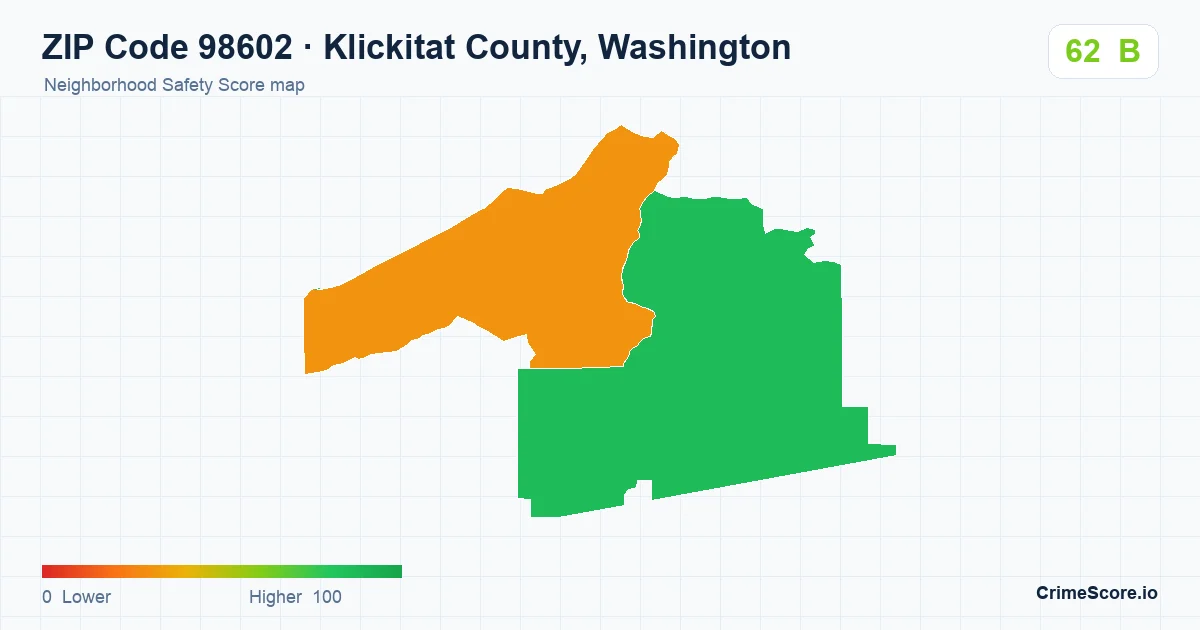 ZIP Code 98602 in Klickitat County, Washington neighborhood Safety Score map