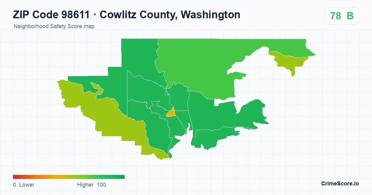 ZIP Code 98611 in Cowlitz County, Washington neighborhood Safety Score map
