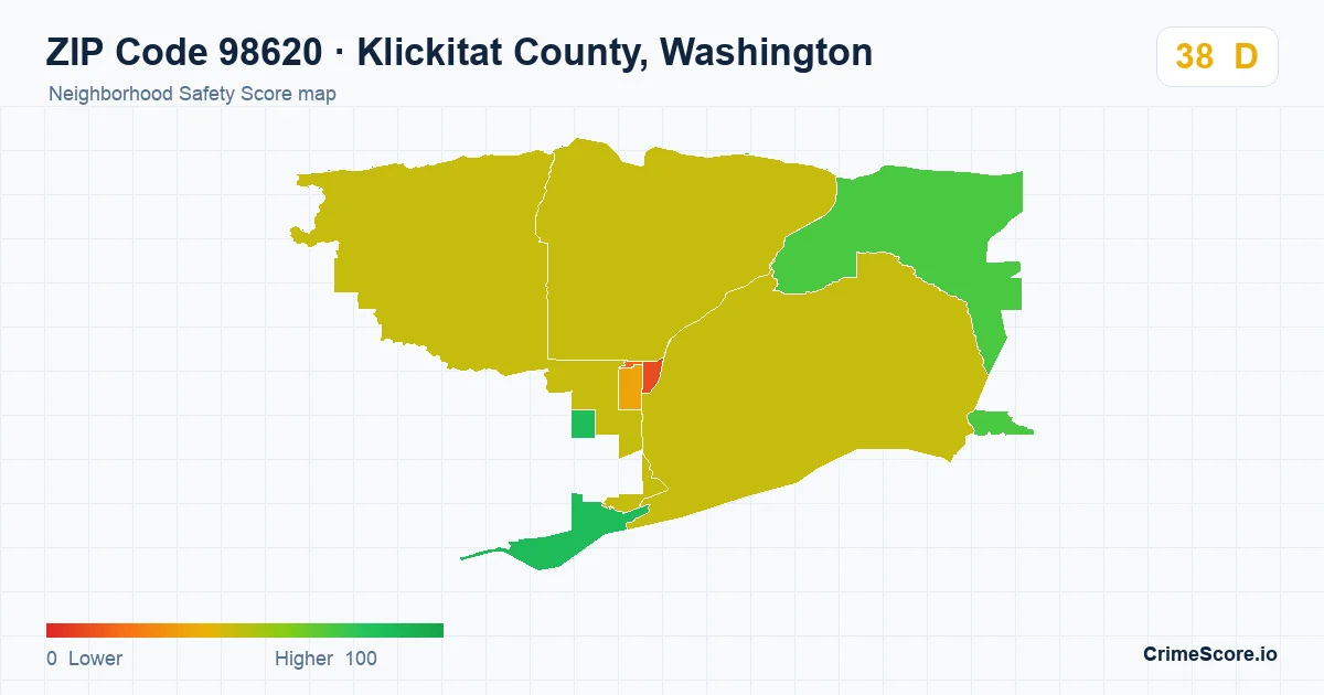 ZIP Code 98620 in Klickitat County, Washington neighborhood Safety Score map