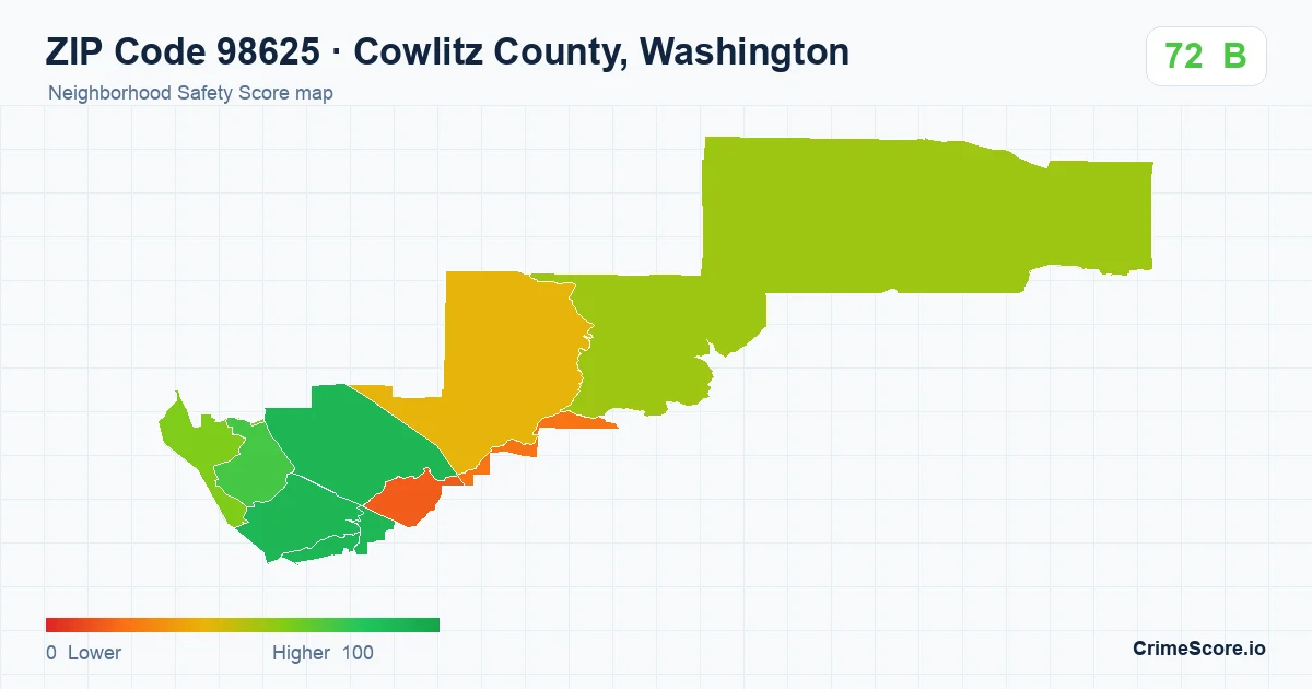 ZIP Code 98625 in Cowlitz County, Washington neighborhood Safety Score map