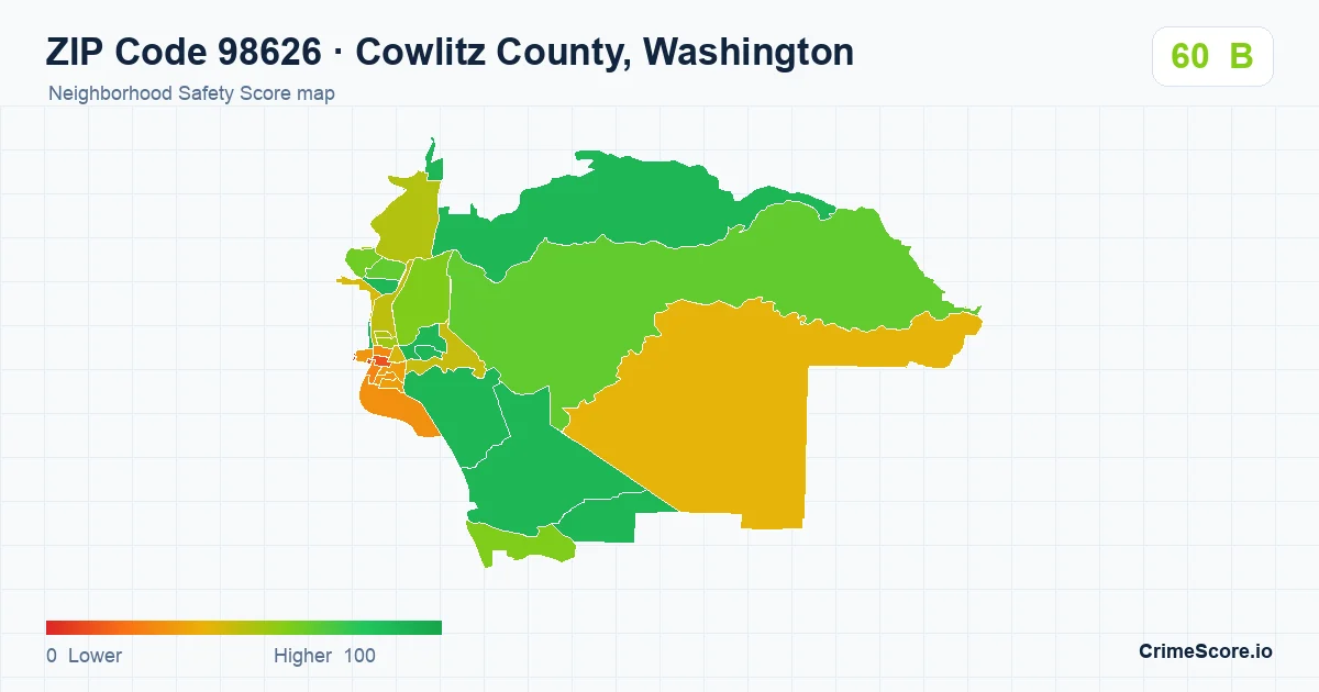 ZIP Code 98626 in Cowlitz County, Washington neighborhood Safety Score map