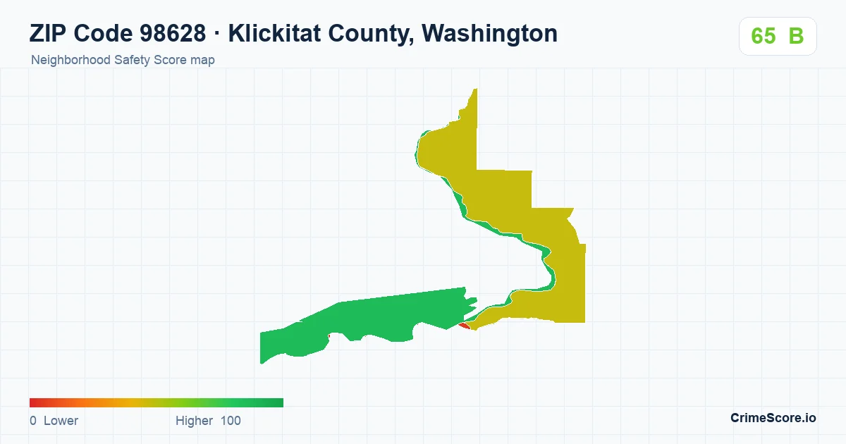 ZIP Code 98628 in Klickitat County, Washington neighborhood Safety Score map