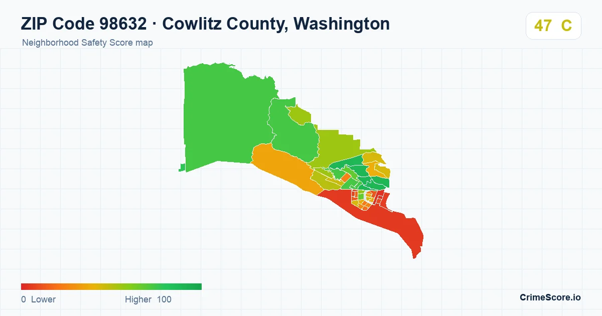 ZIP Code 98632 in Cowlitz County, Washington neighborhood Safety Score map