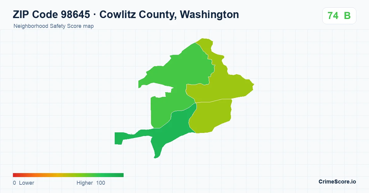 ZIP Code 98645 in Cowlitz County, Washington neighborhood Safety Score map