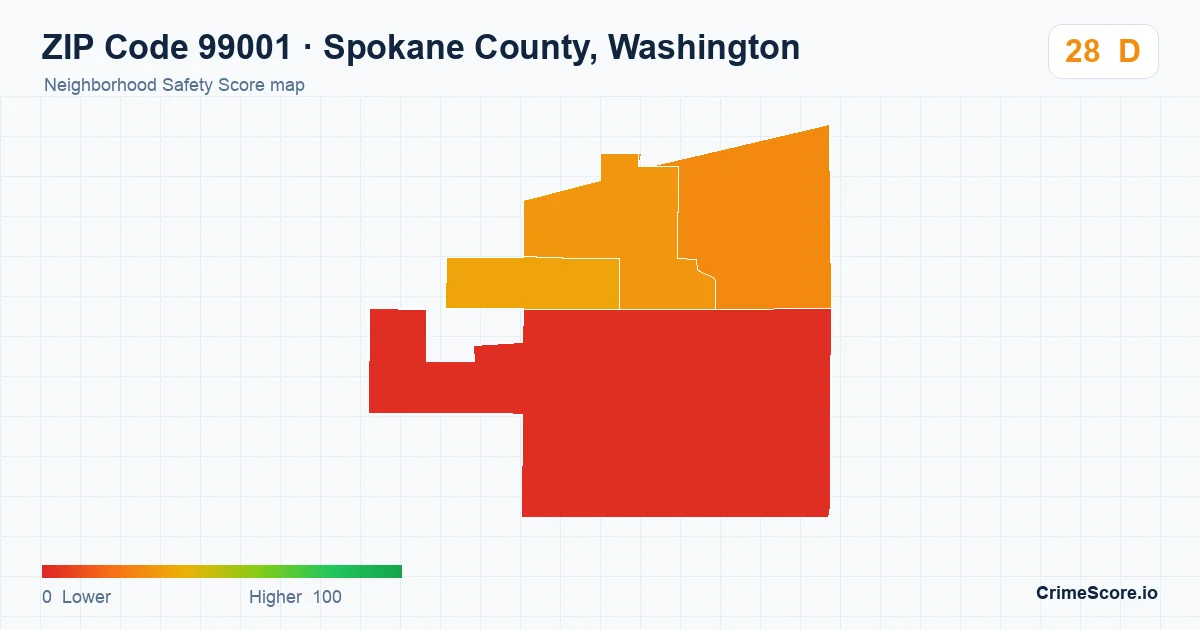 ZIP Code 99001 in Spokane County, Washington neighborhood Safety Score map
