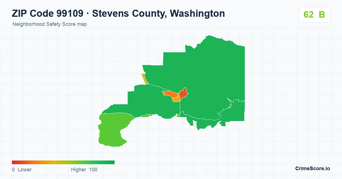 ZIP Code 99109 in Stevens County, Washington neighborhood Safety Score map