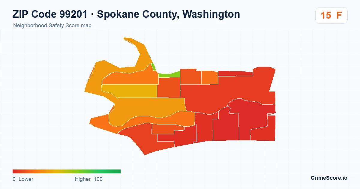 ZIP Code 99201 in Spokane County, Washington neighborhood Safety Score map