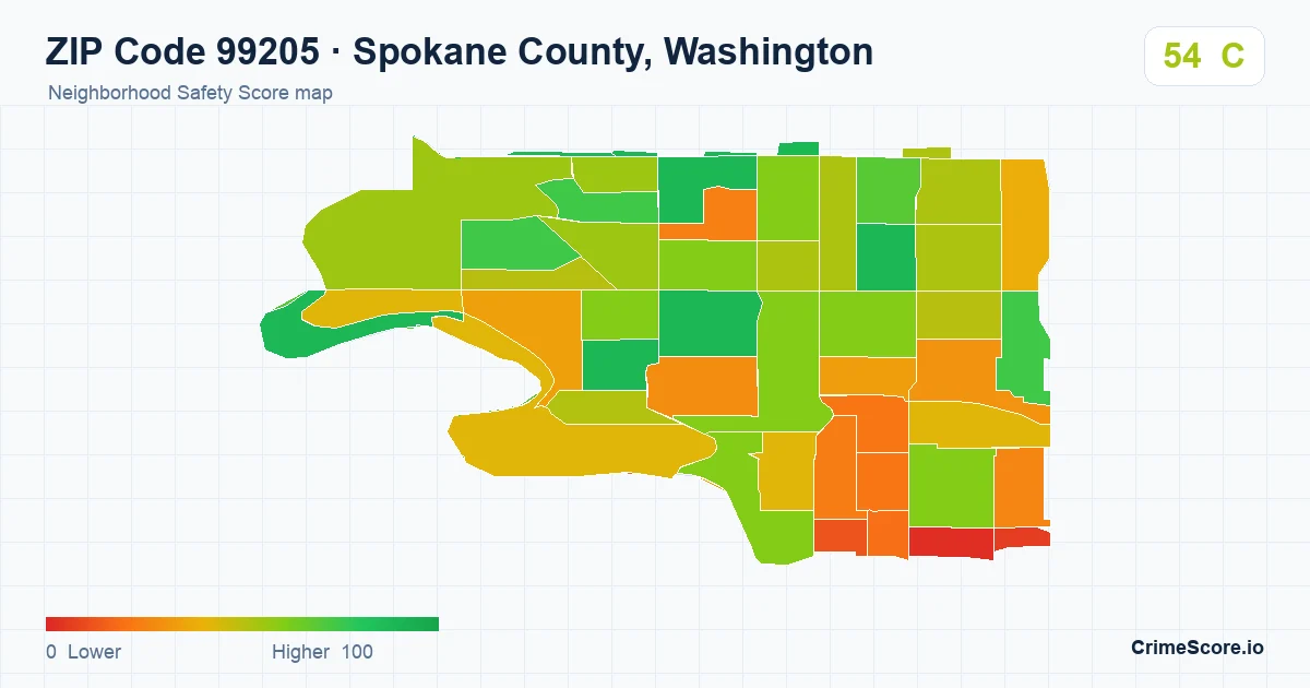 ZIP Code 99205 in Spokane County, Washington neighborhood Safety Score map