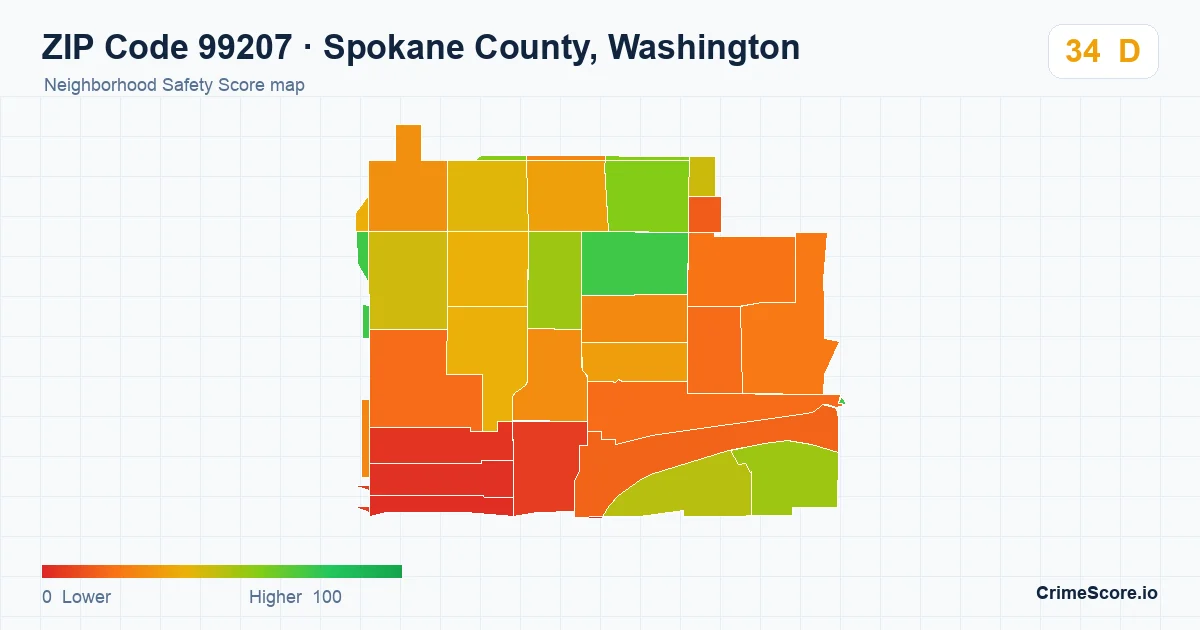 ZIP Code 99207 in Spokane County, Washington neighborhood Safety Score map