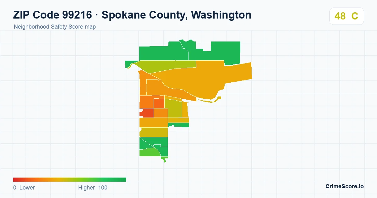 ZIP Code 99216 in Spokane County, Washington neighborhood Safety Score map