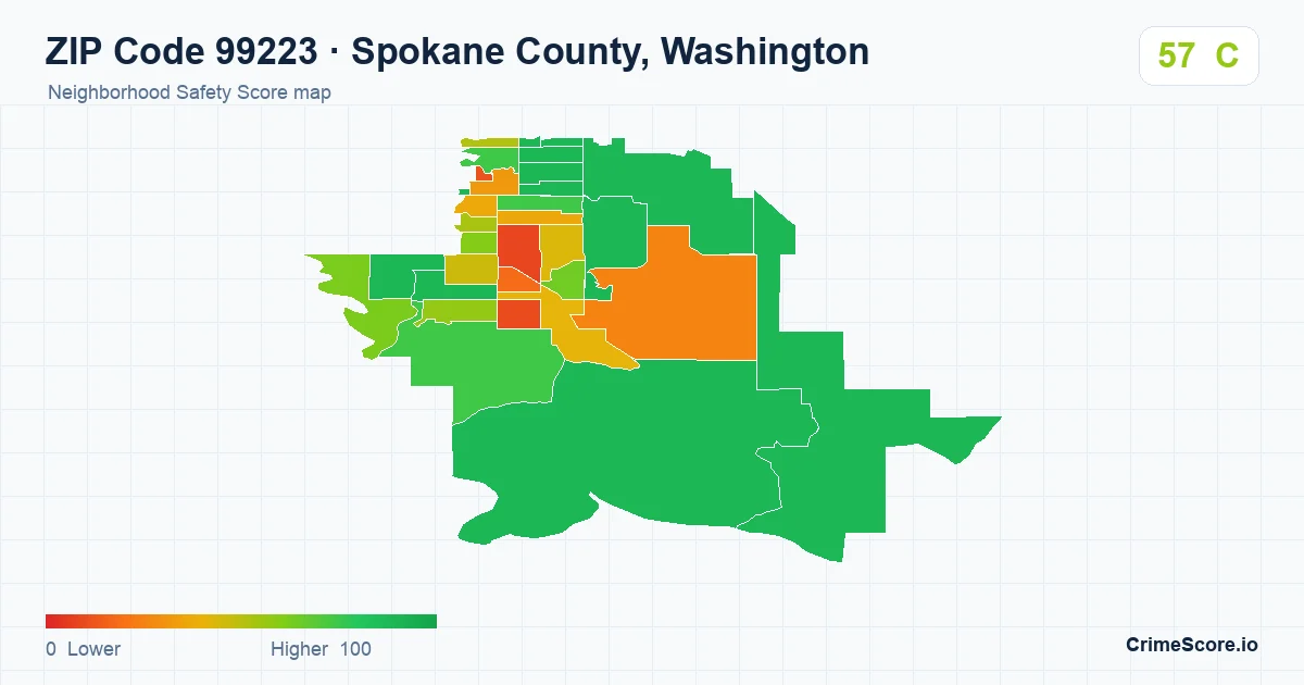 ZIP Code 99223 in Spokane County, Washington neighborhood Safety Score map