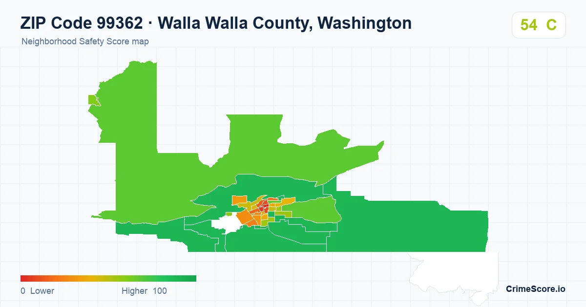 ZIP Code 99362 in Walla Walla County, Washington neighborhood Safety Score map