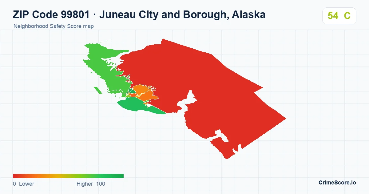 ZIP Code 99801 in Juneau City and Borough, Alaska neighborhood Safety Score map